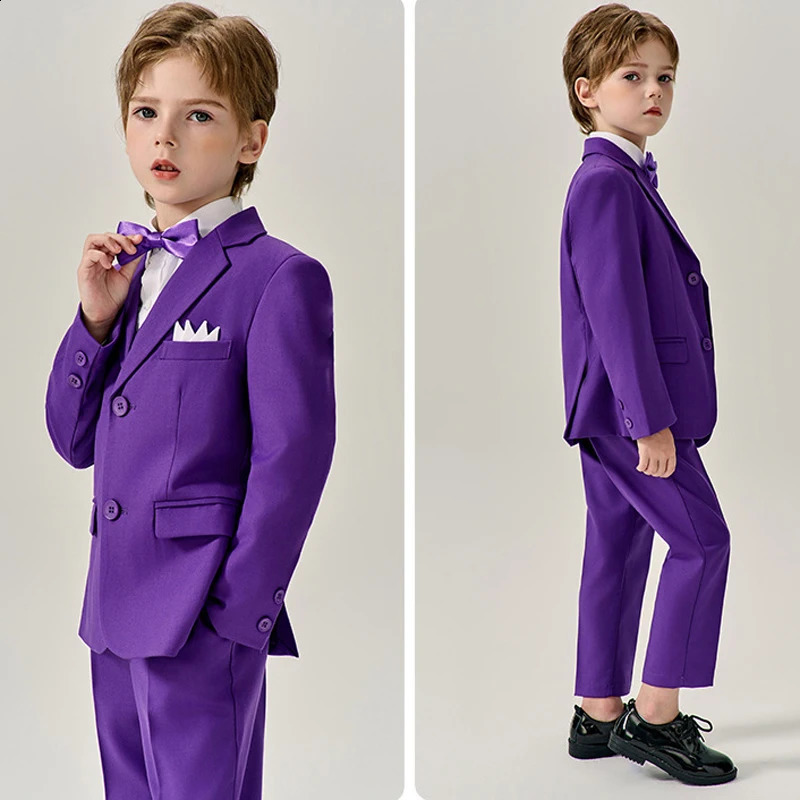 Boys Purple Formal Slim Fit Suit Set child Wedding Birthday Performance Pography Costume Kids Blazer Vest Pants Bowtie Outfit 240919