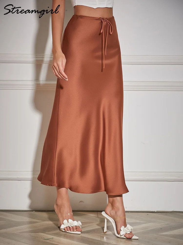 Streamgirl A Line Long Satin Skirts For Women Black Elegant High Waist Maxi Beige Skirts Silk Lace Up Long Skirt Women 240914