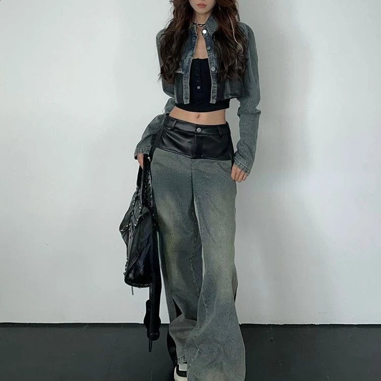 Fashionable retro blue long sleeved denim jacket for womenY2k E- high waist loose wide leg pants spring two-piece set 240919