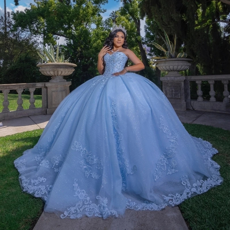 Sky Blue Shiny Ball Gown Quinceanera Dresses Off The Shoulder Lace Appliqued Beads Tull Corset Sweet 16 Dress Vestidos De 15 Anos