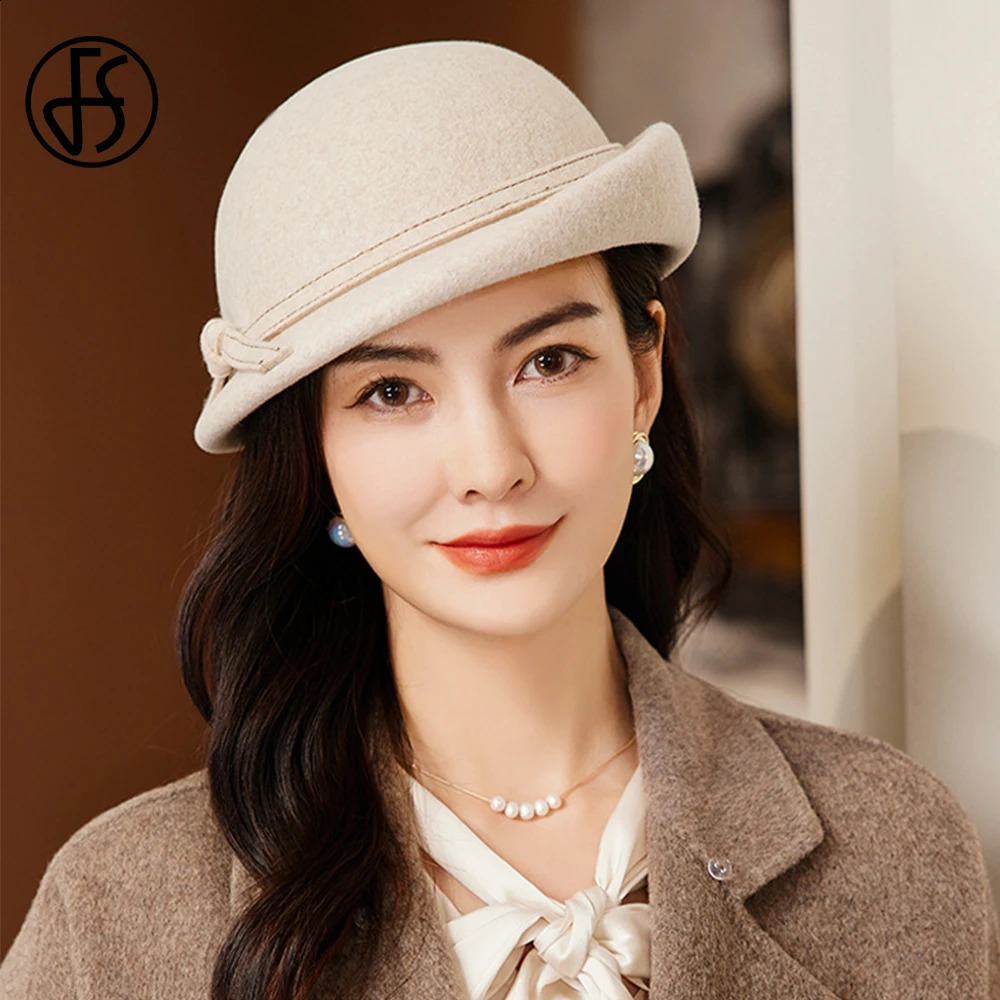 FS British Fashion Elegant Womens Wedding Party Top Hat Winter Hat Knitted Edge Beret Womens Retro Cork Wool Felt Fedoras 240921