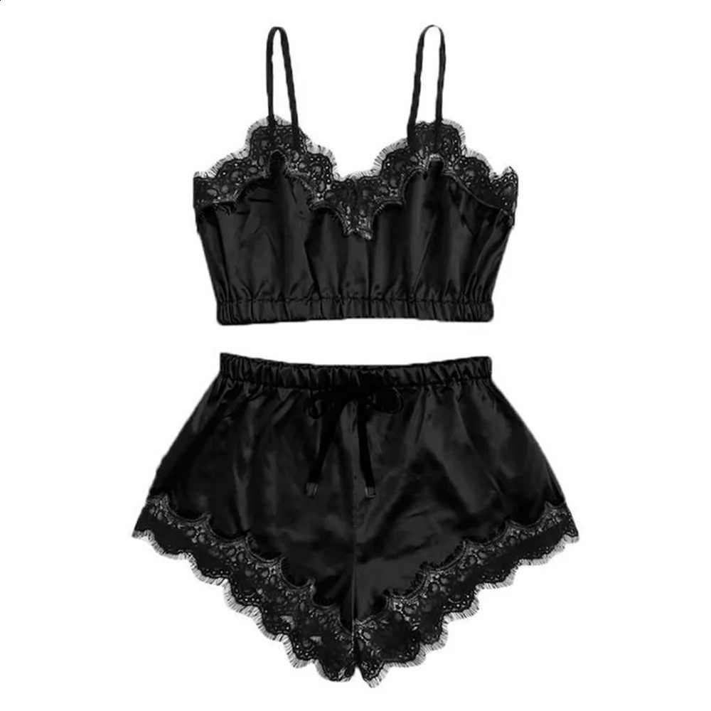 Women Pajama Suit Fashion VNeck Lace Stretch Satin Babydoll Sexy Lingerie Bowknot Pyjamas Sleep Shorts Set Sleepwear 240925