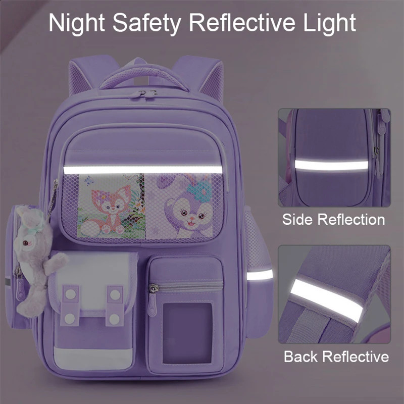Girls School Bag Orthodontic Junior Waterproof Backpack Cute Purple Multi Pocket Mochila Baby 240724