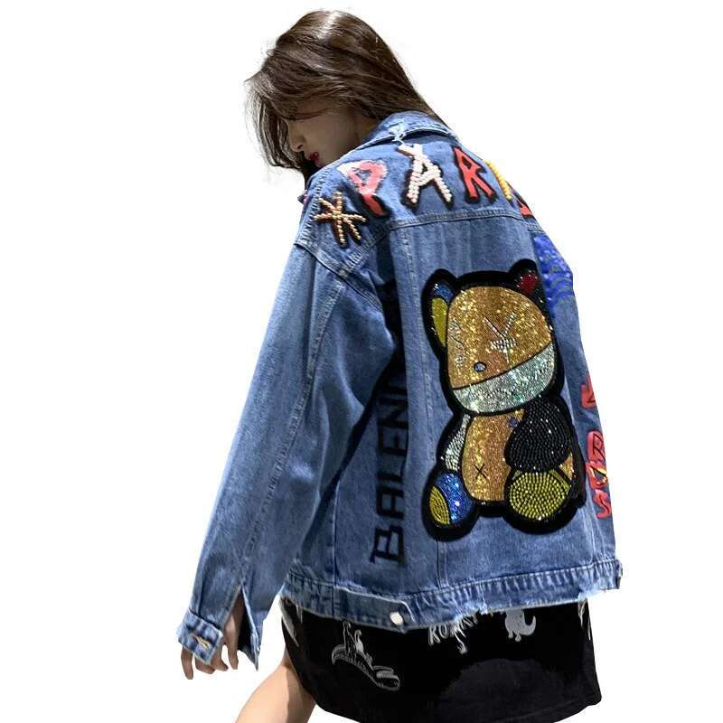 Women Streetwear Fashion Beading Cartoon Bear Denim Jacket Pocket Lapel Loose Long Sleeve Print Jeans Coat Female
