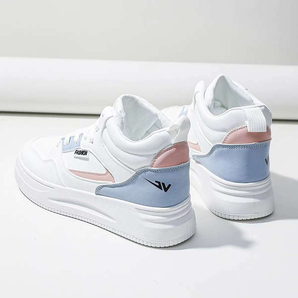 Women White Colorblock Lace-Up Front Skate Shoes High-top Light weight Work Sneakers for Indoor Outdoor Gym