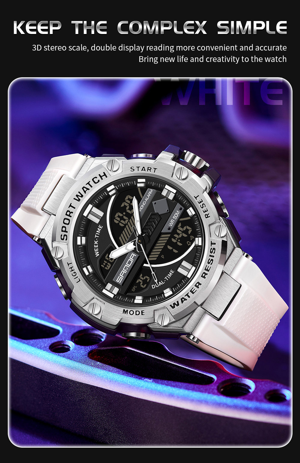 SANDA 3185 Men's New Rubber Strap Alarm Mode Waterproof and Shockproof Outdoor Sports Timing Watch