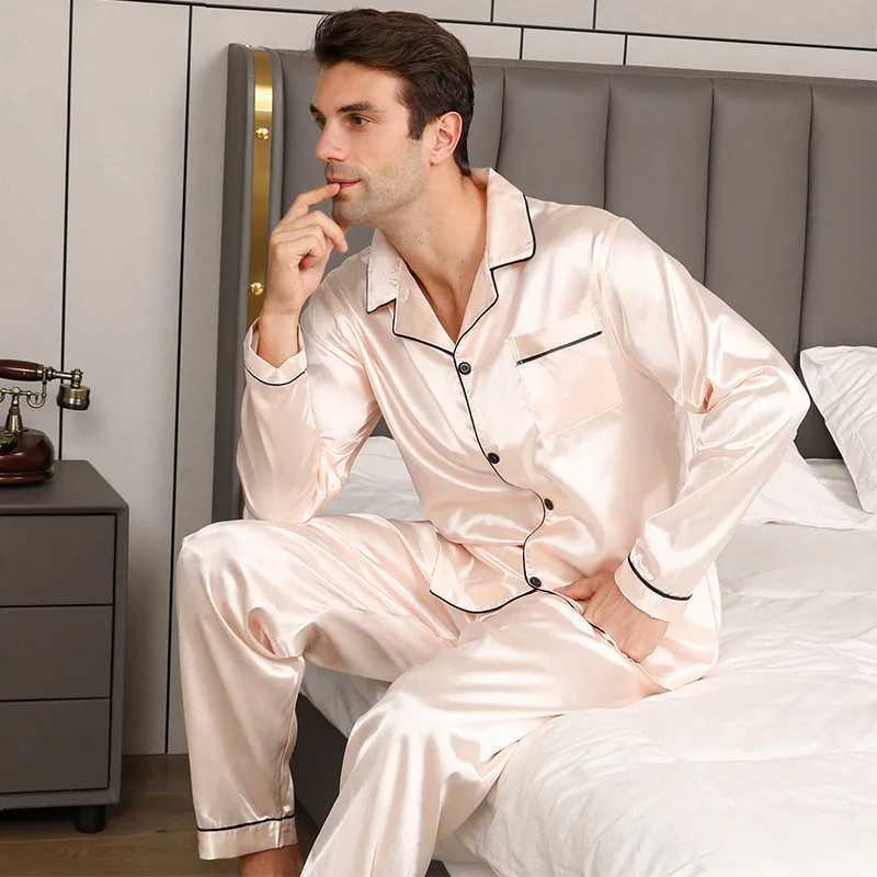 Mens Pajamas Suit Summer Ice Silk Slpwear Shr Thin Long-Slved Loose Large Size Loungewear Suit Silky Satin Nightwear M240925
