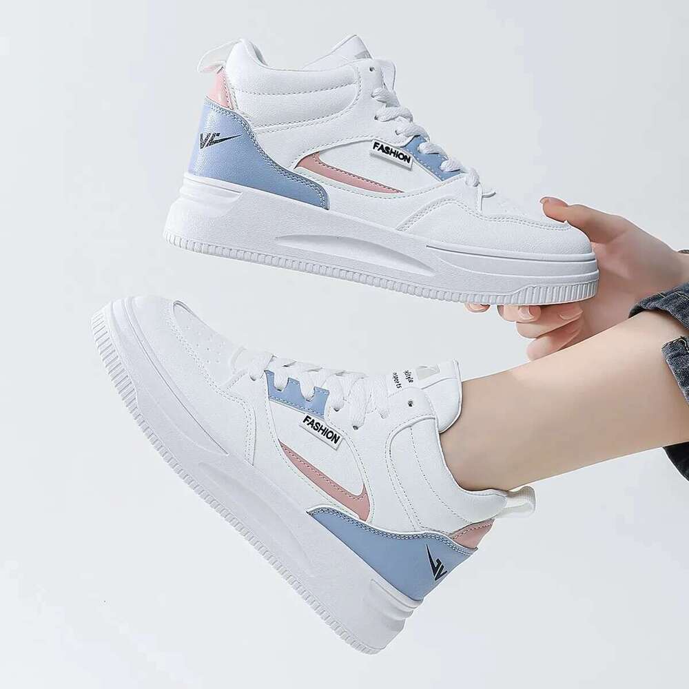 Women White Colorblock Lace-Up Front Skate Shoes High-top Light weight Work Sneakers for Indoor Outdoor Gym