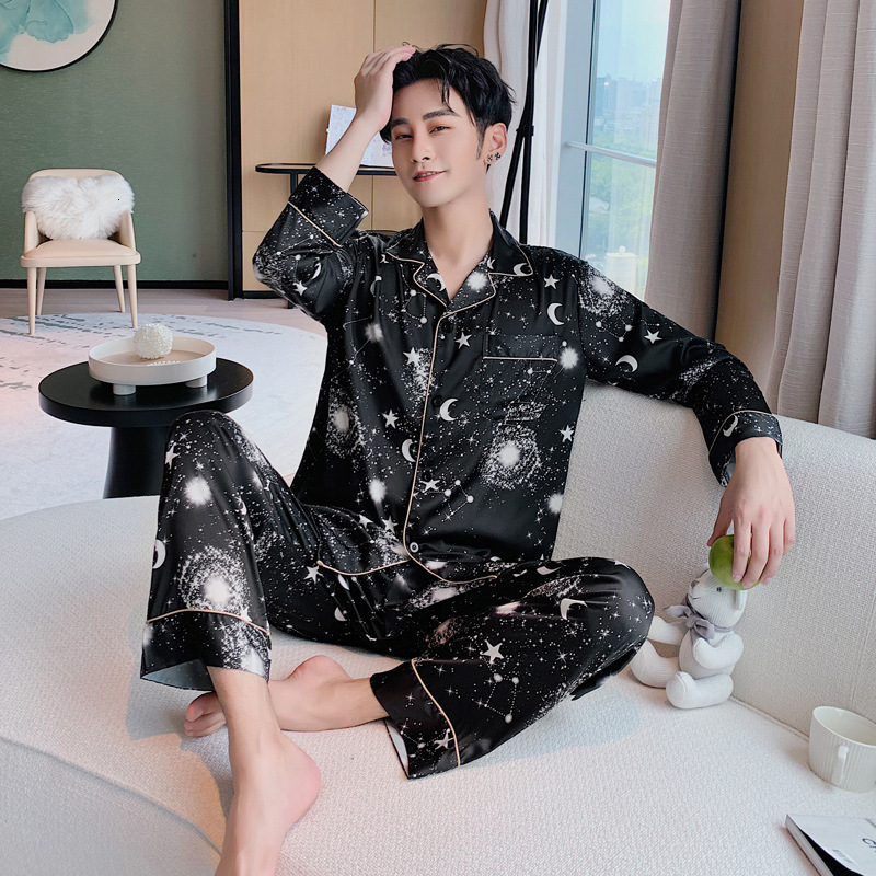 Couple Women Men Galaxy Star Moon Printed Satin Long Sleeve Pants Sleepwear 2 Pcs Lovers Female Pamas Pyjamas Homewear