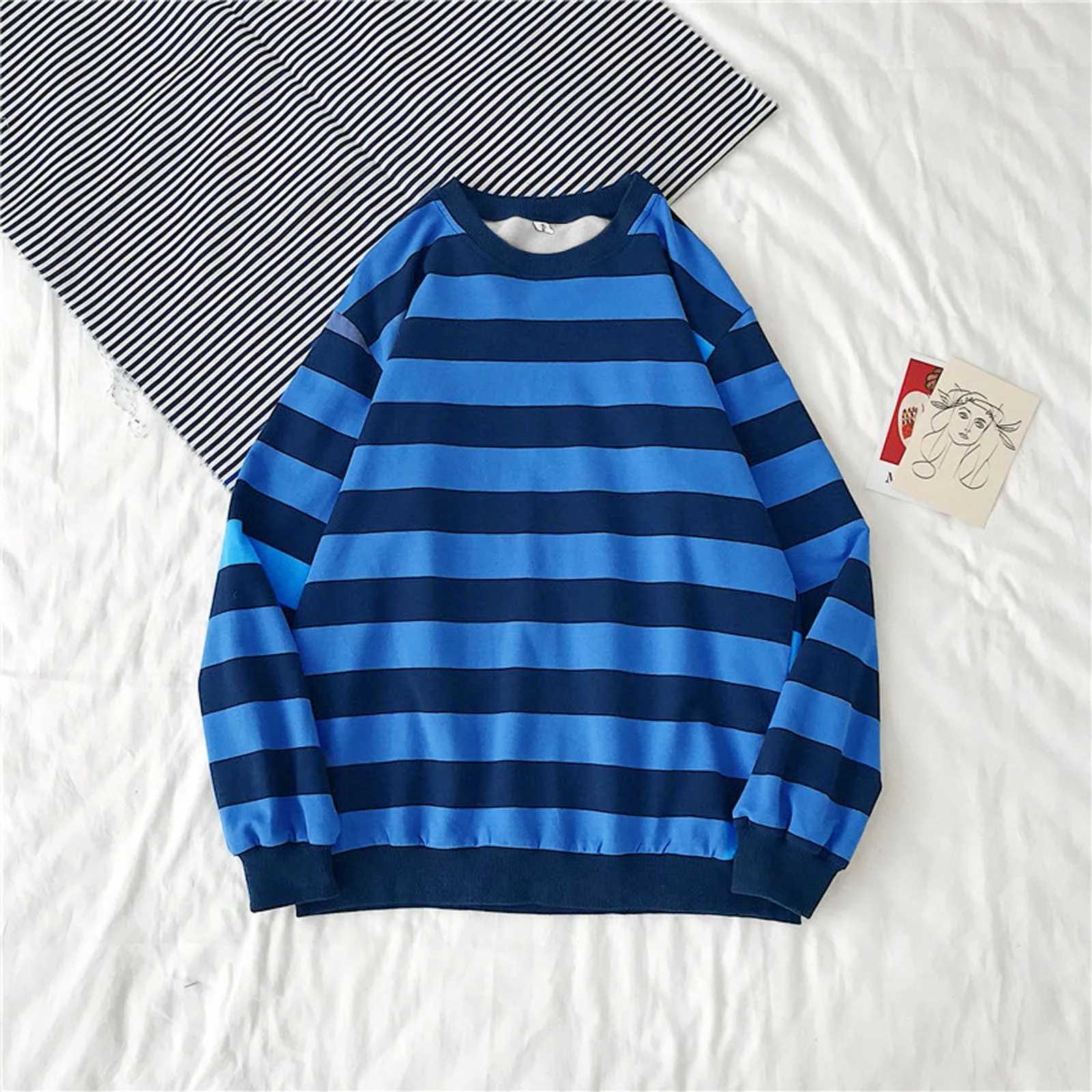 Mens Spring And Autumn Sweatshirts Round Neck Pullover Tops Long Sleeved Stripe Printing Loose Casual Fashion BlousesX240925