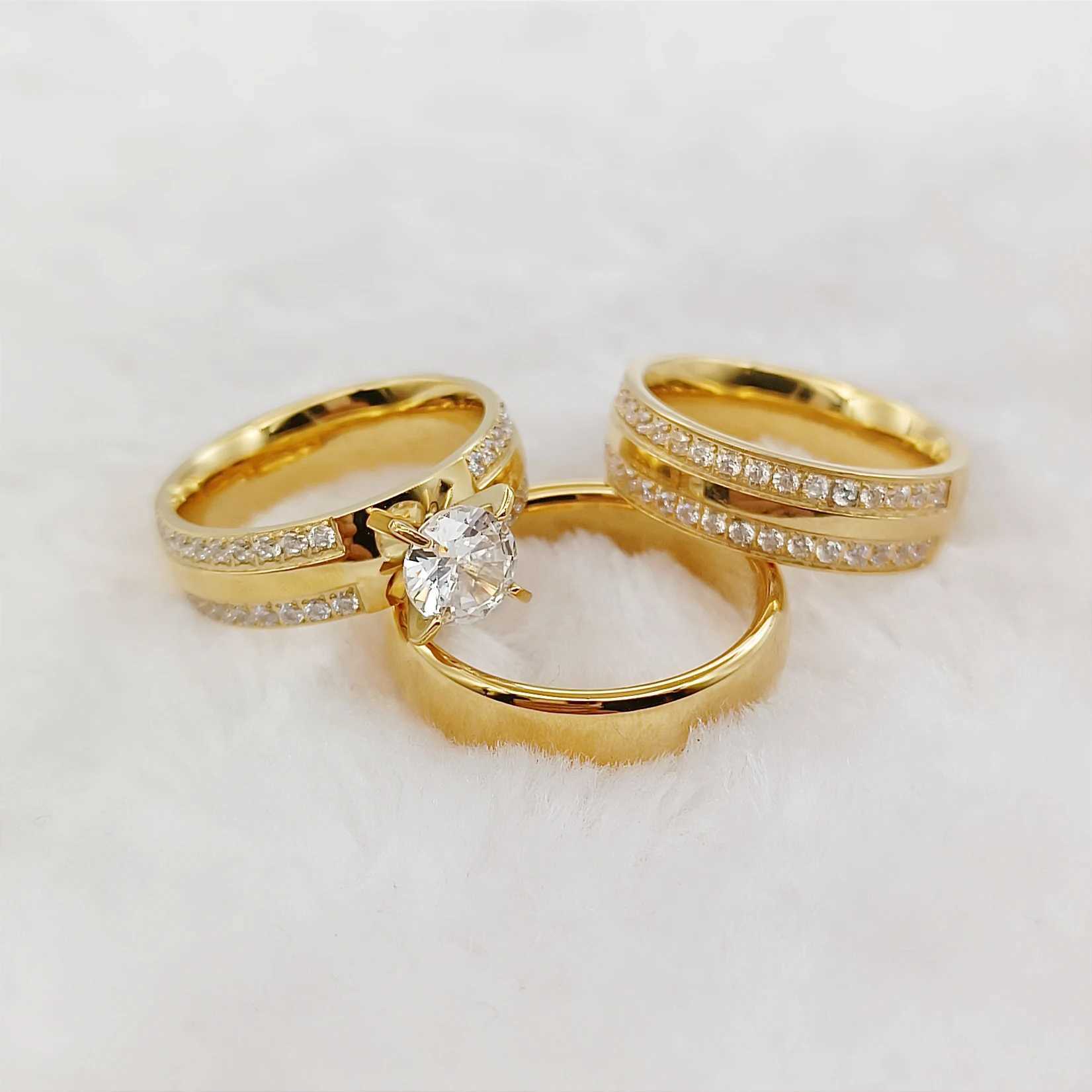 High quality 3-piece wedding engagement ring set suitable for couples CZ diamond 18k gold-plated fashionable jewelry lover ring W240925