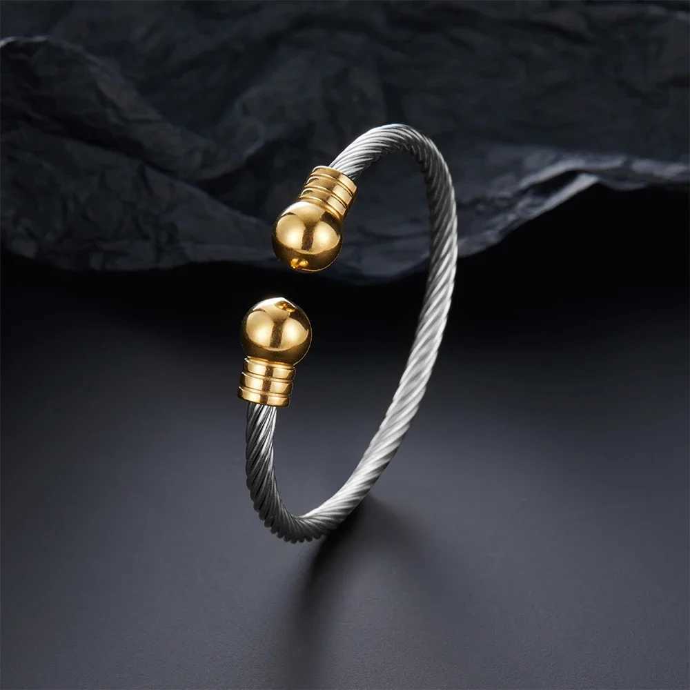 Men Double Ball Shaped Open Bangle Stainless Steel Jewelry Twisted Steel Cable Texture Cuff Bracelet Birthday Gift for BoyfriendX240925