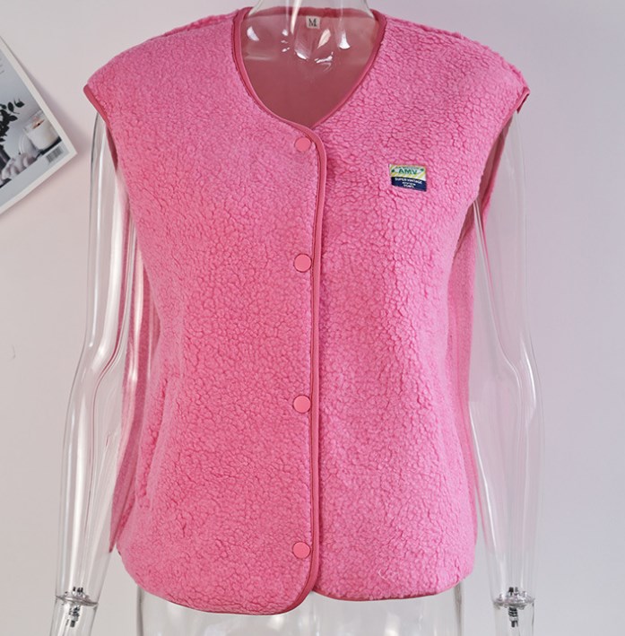 CNLONGBIDA Womens Vests 2024 Autumn Casual High Street Chic Lamb Wool Single Breasted Pocket Vest Women Loose V Neck Sleeveless