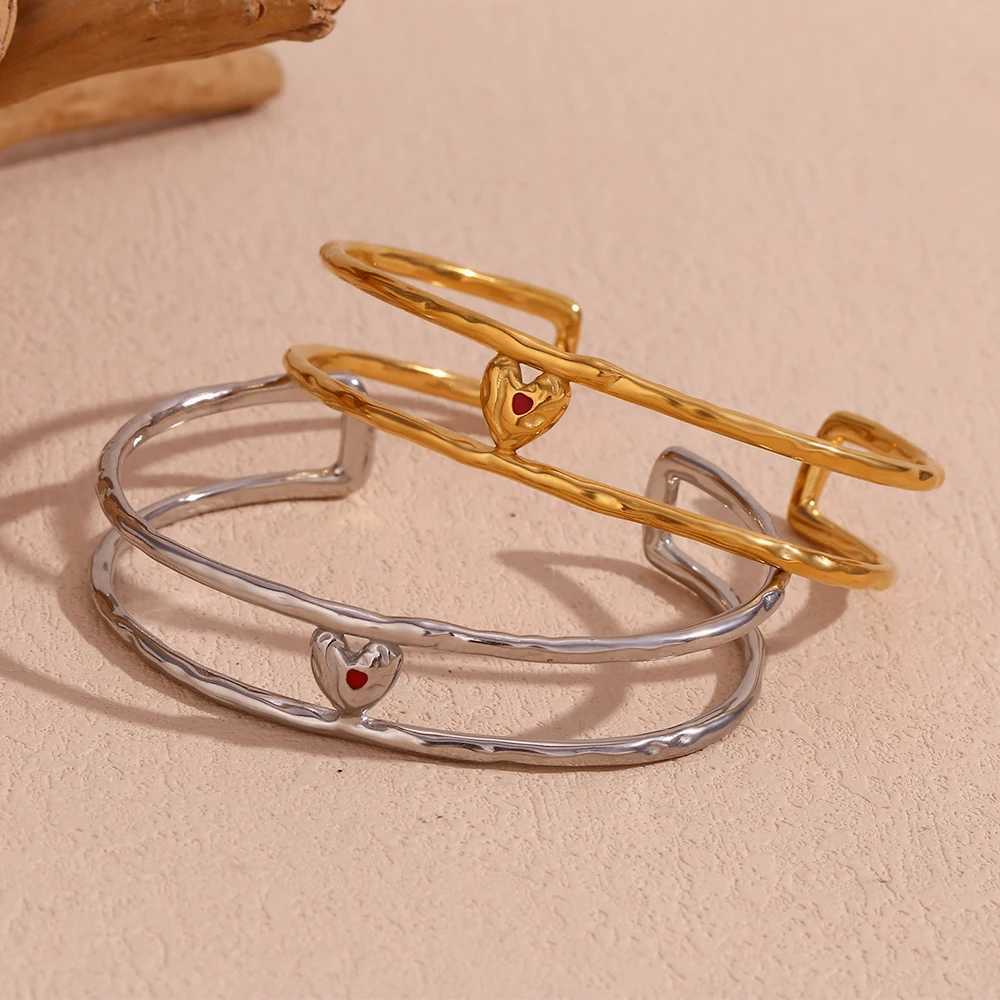 E.B.belle Double Layer Hollow Red Enamel Heart Open Bracelet 18K Gold Plated Bracelet for Women 316L Stainless Steel JewelryX240925