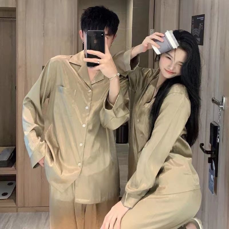 2024 New Couple Green Pyjamas Sets Ladies Long Sleeve Fashion Casual Sleepwear Pamas Set Men Turn-down Collar and Button Home