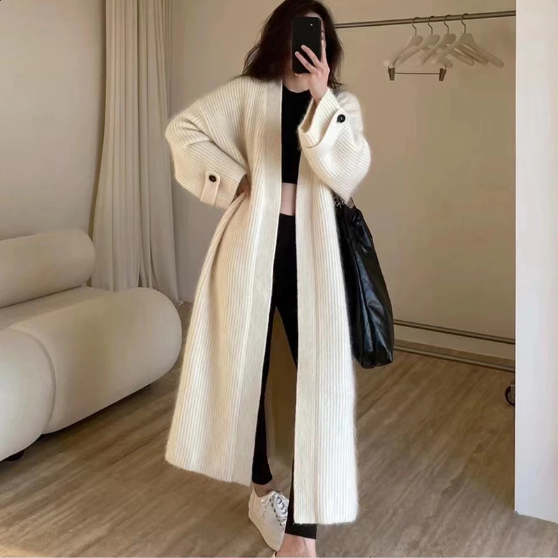 Long Sleeve Knit Sweater Cardigan Loose Long Coat Autumn Winter Women Clothing Casual High Street Vintage Simple Oversize Thick 240925