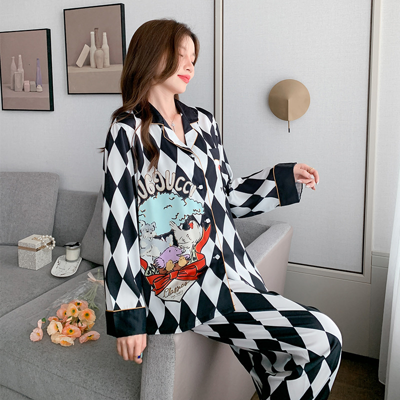 Black White Geometric Ice Silk Pamas, Women's Spring And Autumn Thin Cardigan, Long Sleeve Trousers Suit, High-grade Home