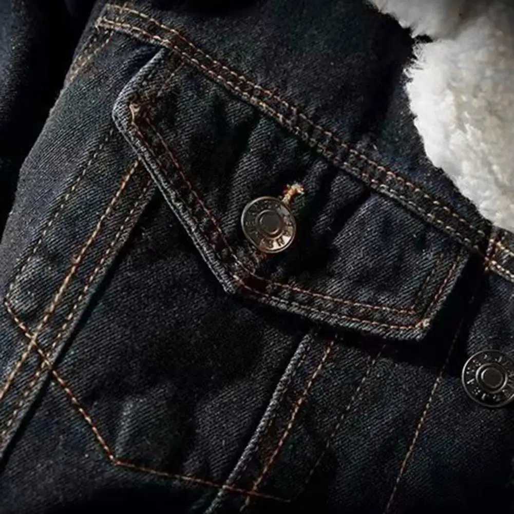 Mens denim jacket with thick cashmere lining solid color cold resistant jacket winter single chest denim jacket Y240925