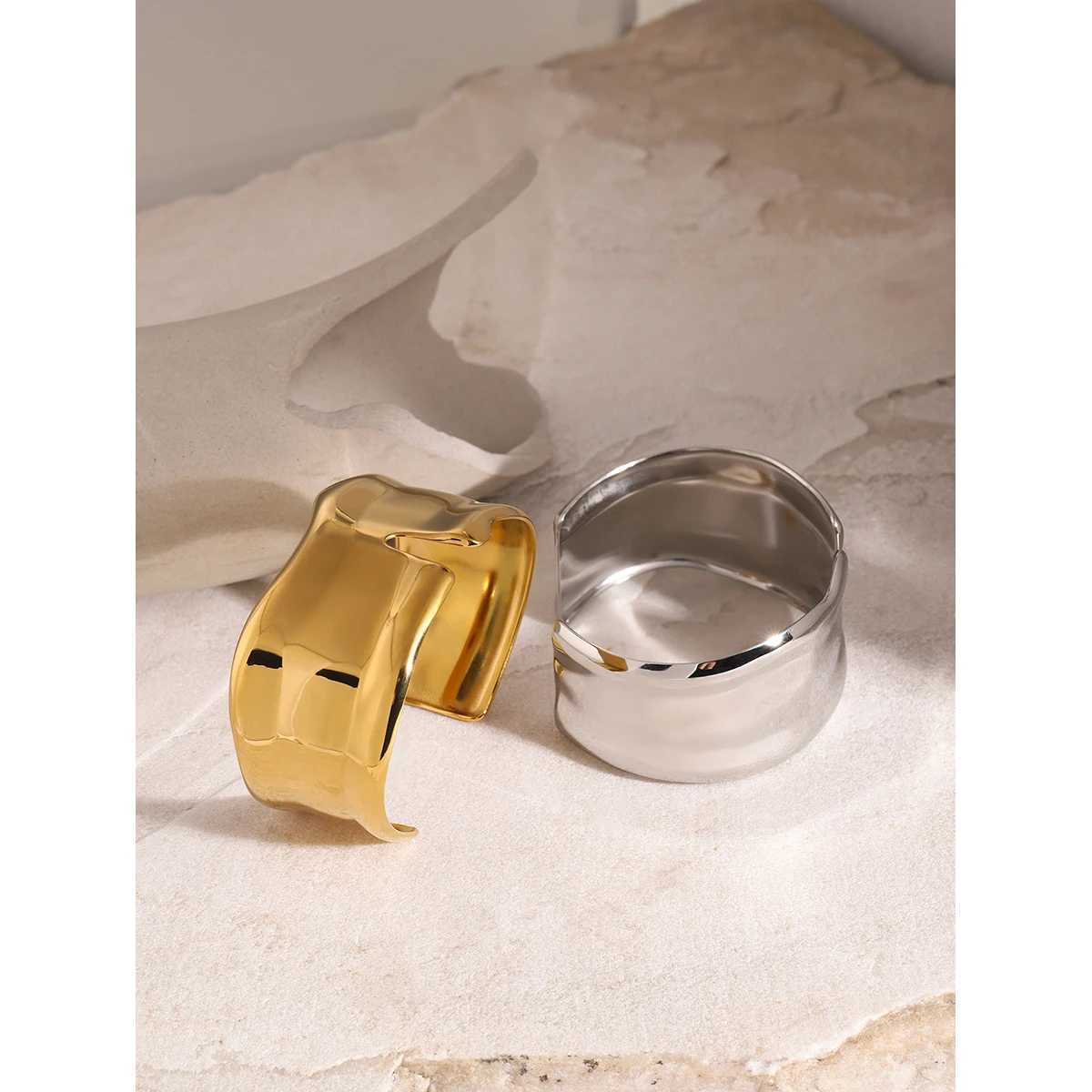 Uworld Waterproof 18K Gold Color Stainless Steel Irregular Geometric Open Cuff Bracelet Bangle Personalized Metal Texture JewelrX240925