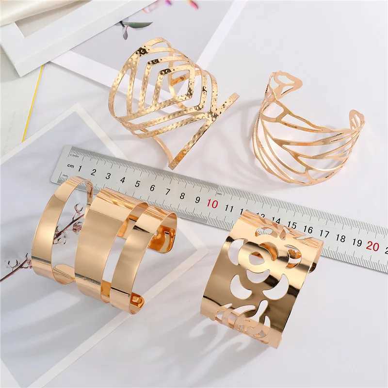 European Shiny Metal Flower Leaf Rhombus Bracelet For Women Men Open Adjustable Wide Cuff Bracelet Party Wedding Jewelry B26X240925