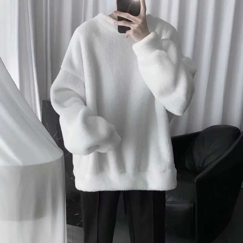 Autumn Winter Dull Black Sheep Velvet Sweatshirt Loose Fit Round Neck Student Couple Look Fleece Lined Thickened Jacket TrendyX240925