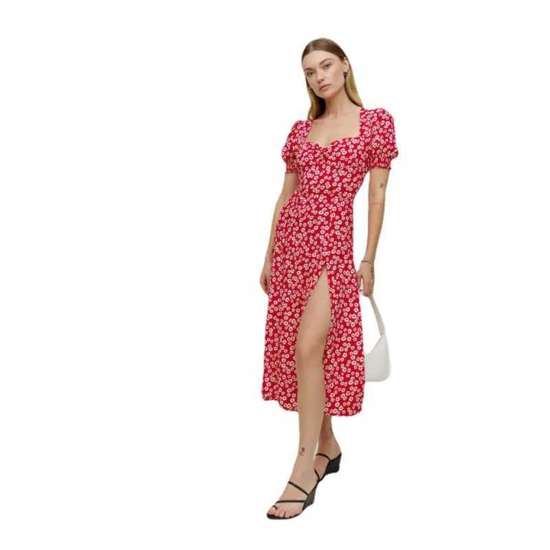 Womens Square Collar Lantern Short Sleeve Dress Slit Hemline at Hem New Spot M240924