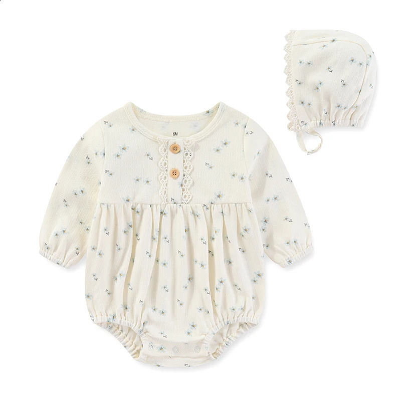 born baby girl clothing set 024 months cotton tight fitting clotheshat long sleeved lace solid color jumpsuit printed Beibei 240925