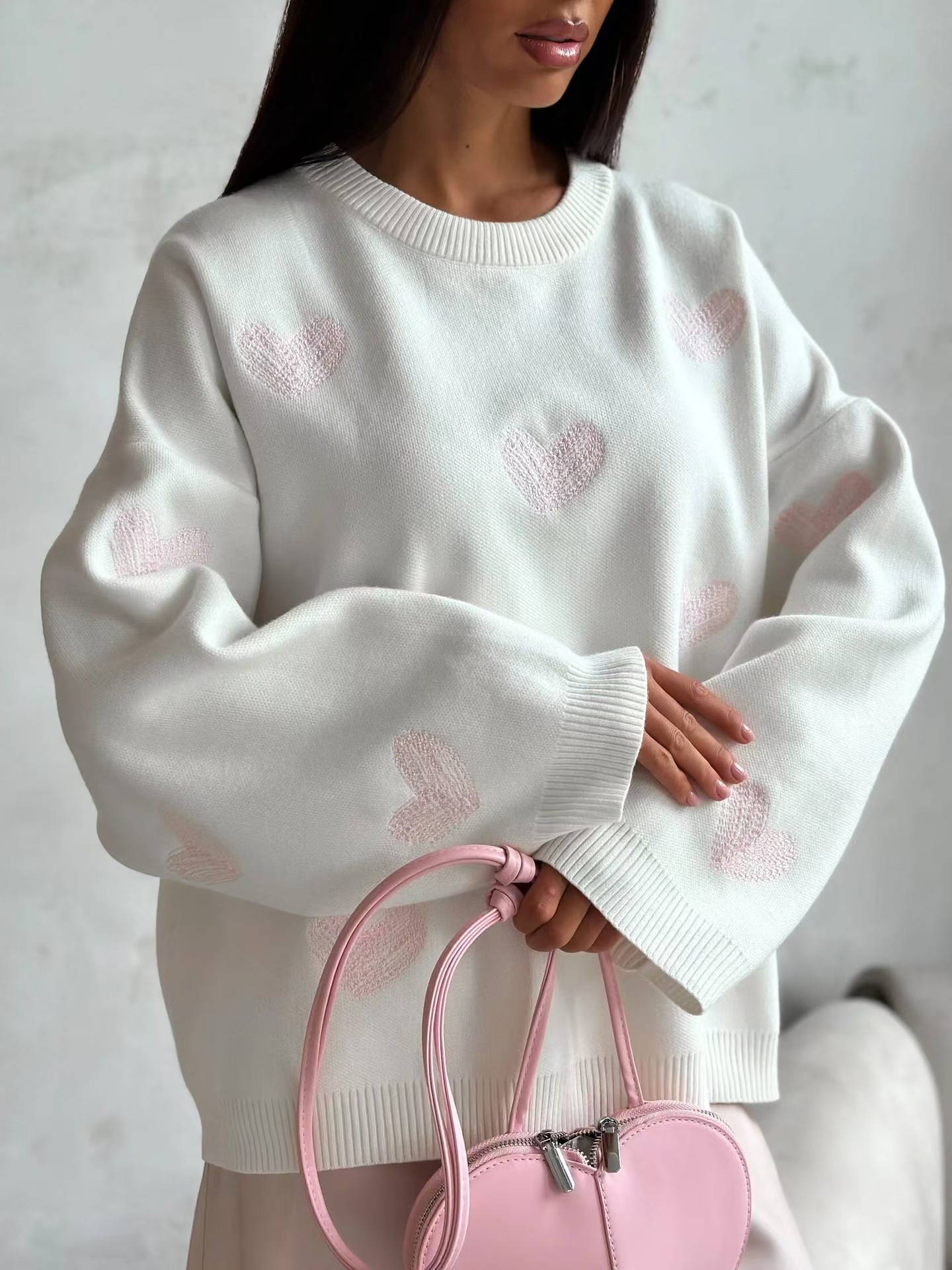 Women's Sweaters Round Neck Heart Sweater Knitted Pullover Long Sleeves Lazy Wind Tops Vintage Christmas Clothes