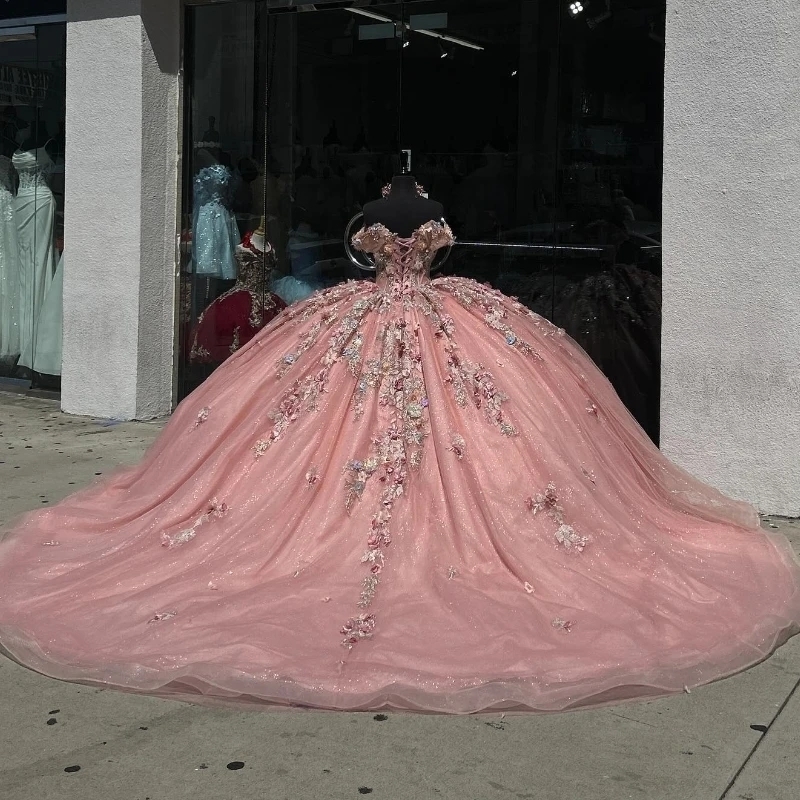 Pink Shiny Quinceanera Dresses Ball Gown Off The Shoulder Applique Lace Beads Tull Sequins Bridal Sweet 16 Vestidos 15 De Anos