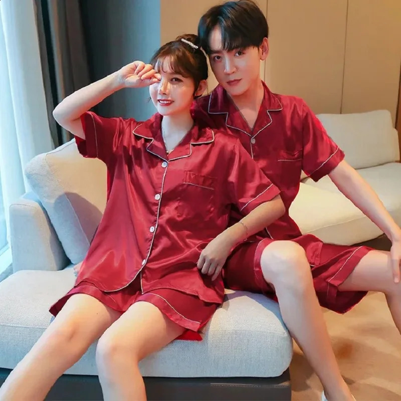 Solid Color Sleepwear Silk Satin Pajamas Couple Set Short-sleeved Pyjamas Suit Pijama Women Men Loungewear Plus Size Pj Set 240925
