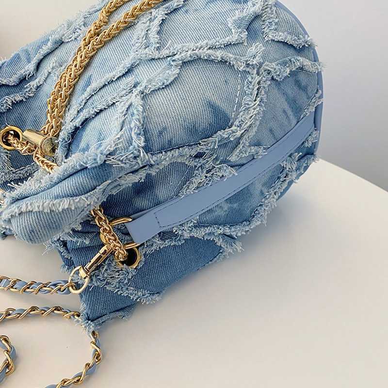 Denim Bucket Crossbody Bags for Women Chains Shoulder Strap Pearl String Designer Bags Luxury Solid Color Casual Fashion Purse M240925