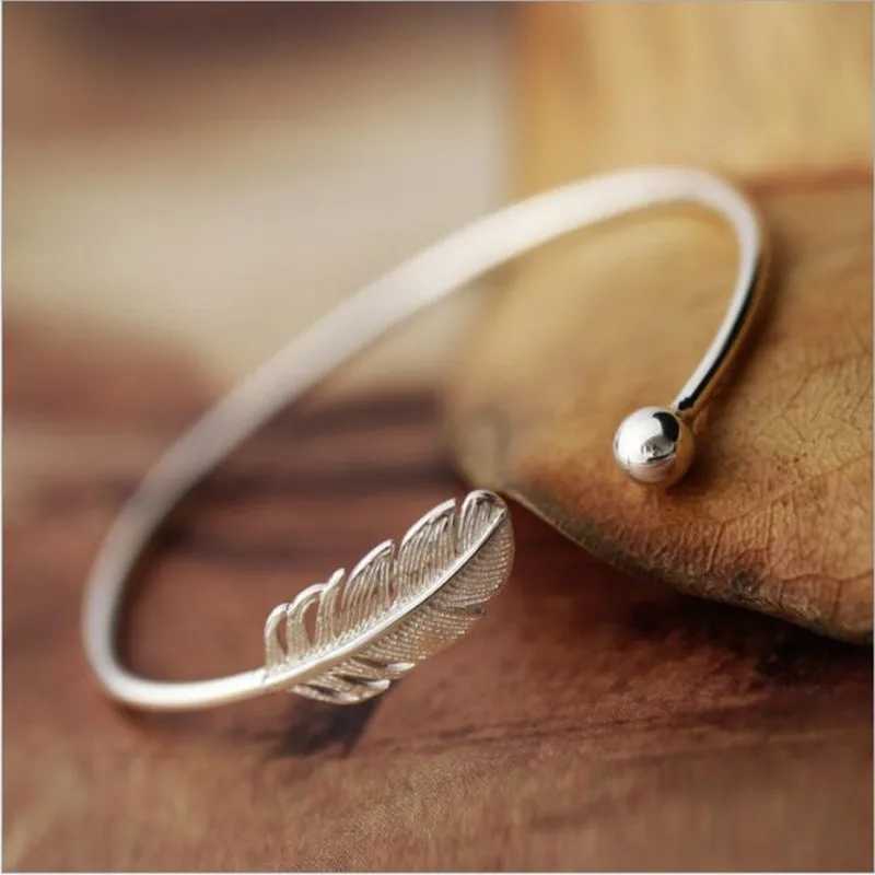 New Fashion 925 Sterling Silver Jewelry Not Allergic High-quality Female Simple Feather Small Ball Open Bracelets SL009X240925
