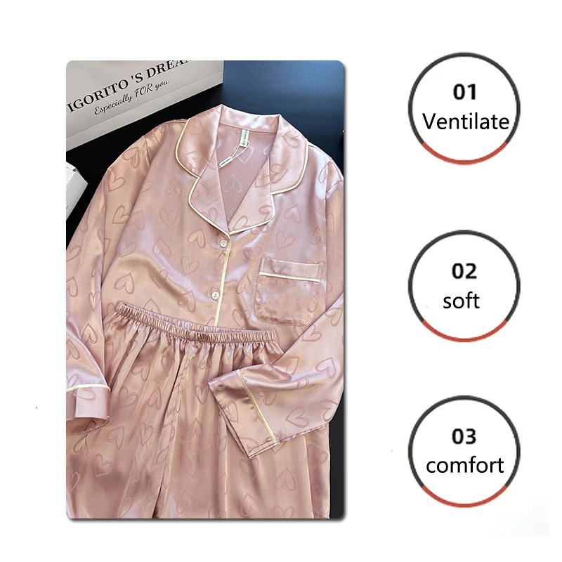 Long-Sleeved Trousers Simulation Silk Female Autumn and Winter Cardigan Lapel Student Pamas Love Blue Women's Homewear
