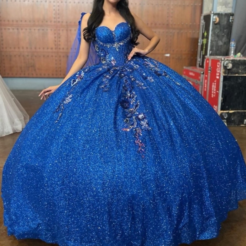 Royal Blue Ball Gown Quinceanera Dresses Spaghetti Strap Beaded Appliques Crystals Sweet 16 Birthday Party Lace-Up Vestidos De 15 Anos