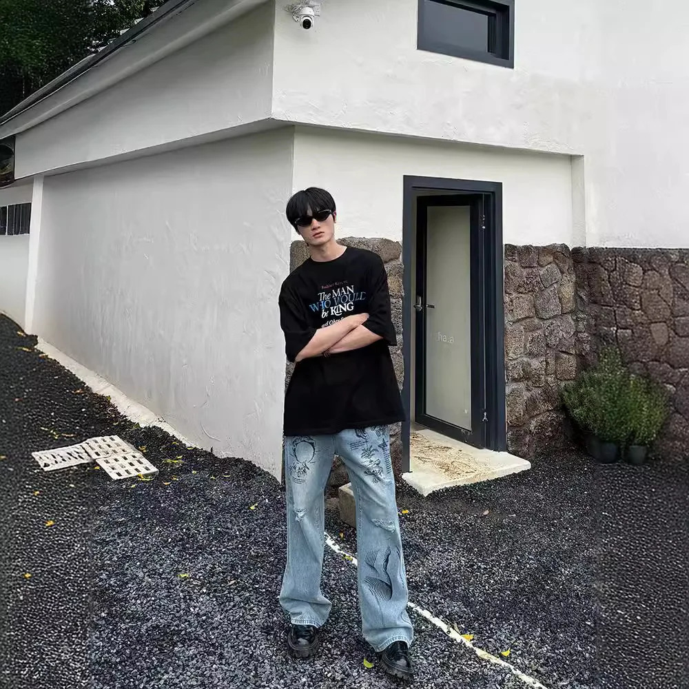 American retro graffiti pattern with holes loose hanging jeans summer street trend casual straight leg pants 240925