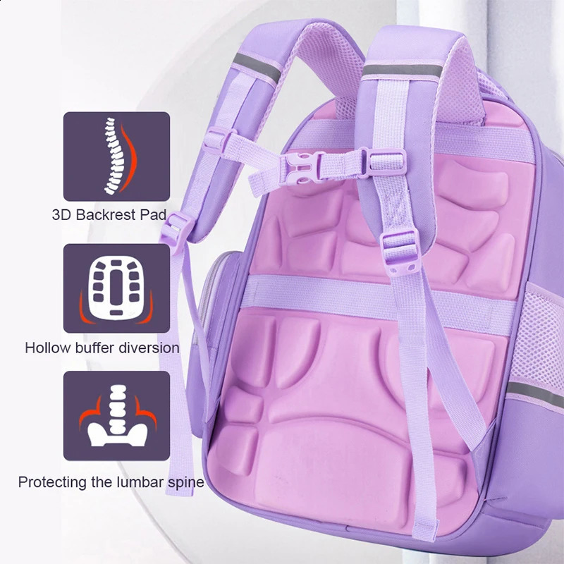 Girls School Bag Orthodontic Junior Waterproof Backpack Cute Purple Multi Pocket Mochila Baby 240724