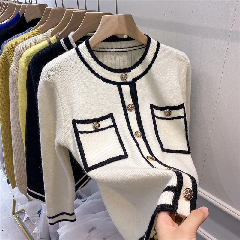 Korean elegant and chic contrasting long sleeved pocket button knit designer women s cardigan spring and autumn loose women s sweater jacket