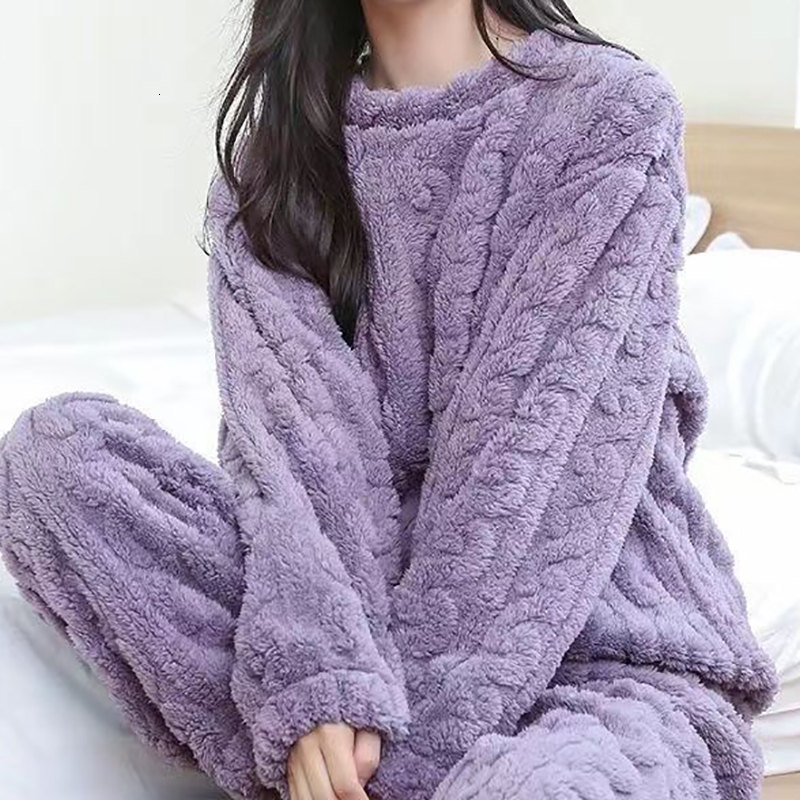 Autumn Solid Warm 2 Piece Thicken Veet Ribbed Fleece Set Pullover And Pants Women Casual Pama Sets 2023