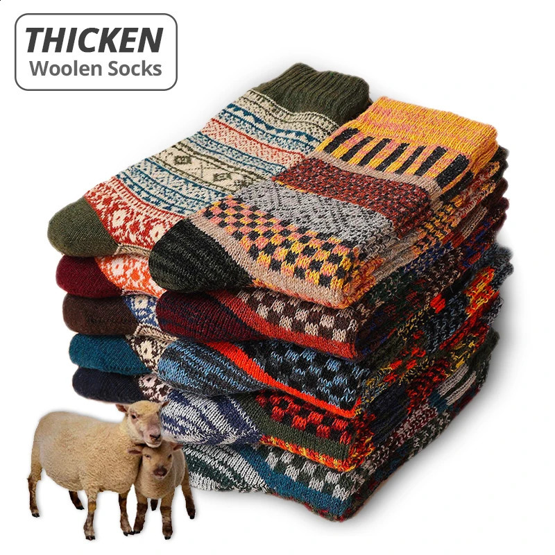 HSS 5 Pairs Winter Mens Socks Thicken Sheeps Wool Socks Warm Men Retro Style Colorful Fashion Man Socks For Snow boots 240925