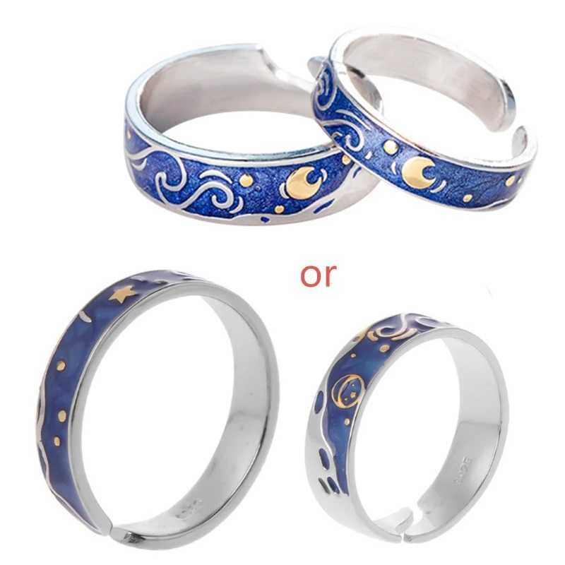 2PCS S925 Silver Plated Van Gogh Blue Starry Sky Open Lover Ring Band Love Forever Ring Set Romantic Jewelry W240925