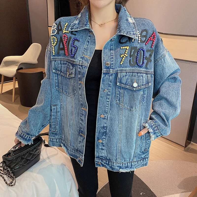 Women Streetwear Fashion Beading Cartoon Bear Denim Jacket Pocket Lapel Loose Long Sleeve Print Jeans Coat Female