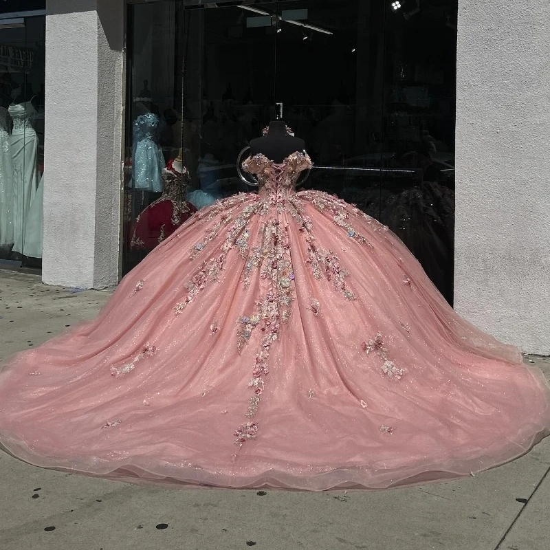Pink Shiny Quinceanera Dresses Ball Gown Off The Shoulder Applique Lace Beads Tull Sequins Bridal Sweet 16 Vestidos 15 De Anos