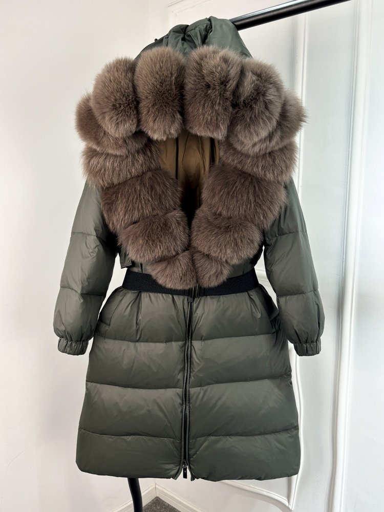 Janveny New Natural Thick Warm 90% White Duck Down Coat Long Winter Jacket Women Real Big Fox Fur Collar Belt Loose Puffer Parka