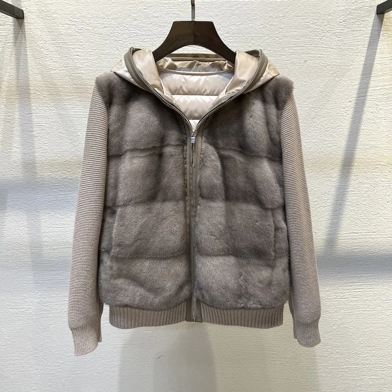 Imported Mink and Cashmere Coat for Womens High End Short Fur Splicing Knitted White Quality Leather Jacket 240924