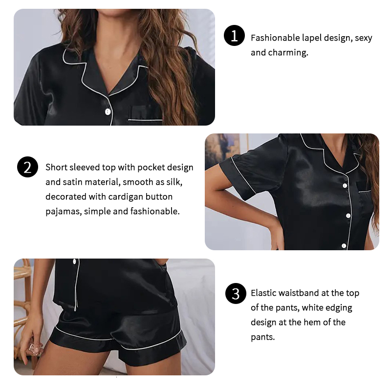 Women's Pamas Set Satin Sleepwear Button Down Tops and Shorts Pama 2 Piece Suit Pyjama Femme Nightwear Loungewear for Summer