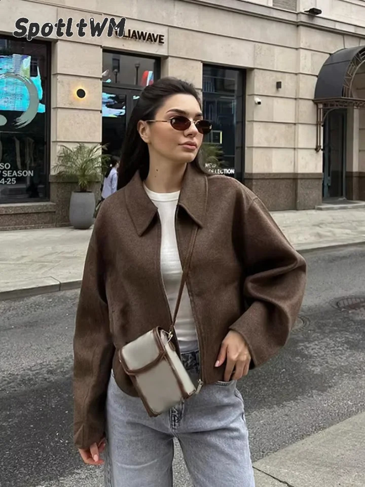 Womens retro brown short wool blend jacket elegant lapel long sleeved zipper cut fashionable autumn womens street 240924
