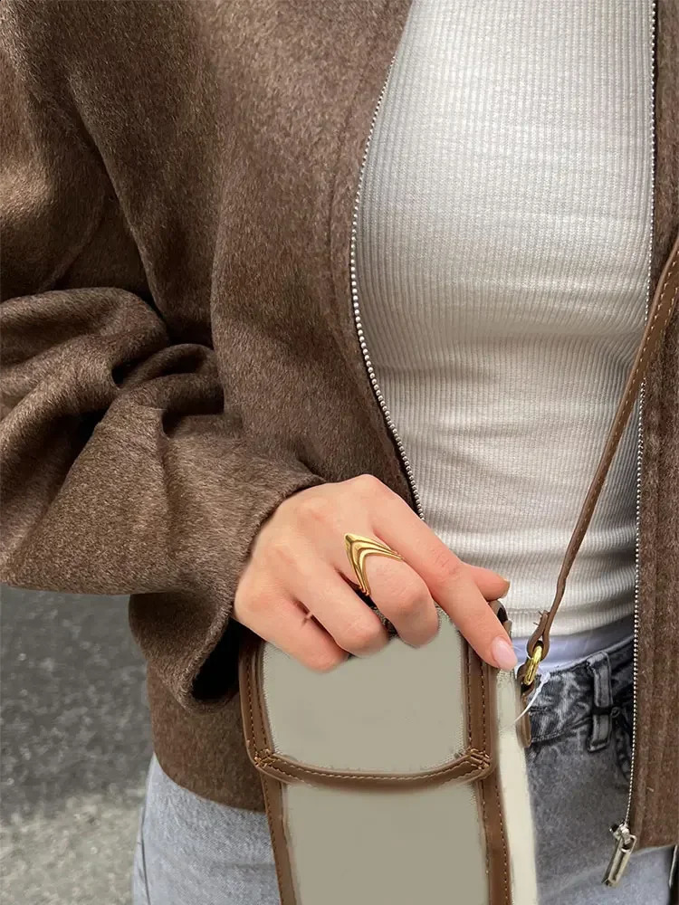 Womens retro brown short wool blend jacket elegant lapel long sleeved zipper cut fashionable autumn womens street 240924