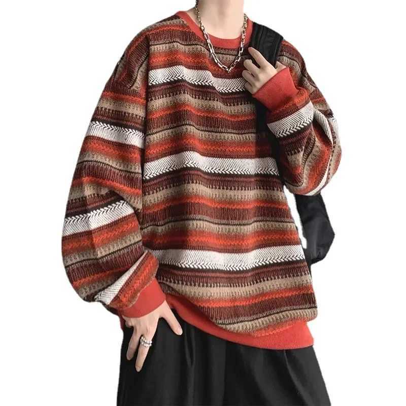 Vintage Striped Sweatshirt Mens Casual Loose Fit Round Neck Top Korean Trendy Brand Idle Style Pullover Jacket Spring AutumnX240925
