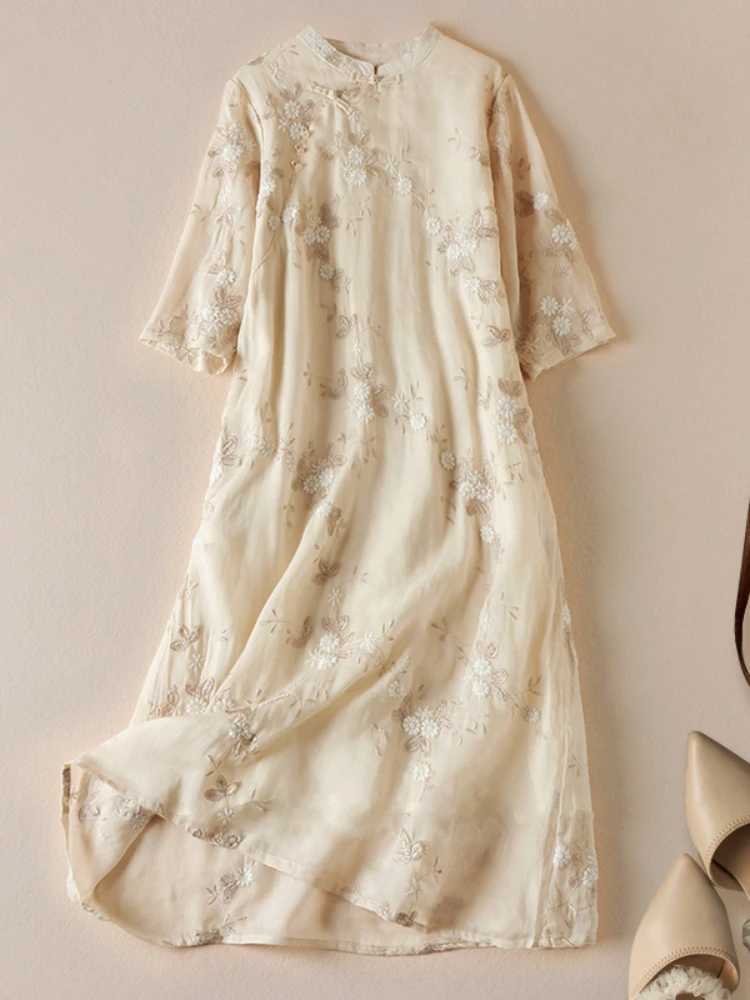 Embroidery Chinese Style Womens Dresses New Cotton Linen FASHION Short Sleeve Summer Women Vintage Loose Clothing Korean M240924