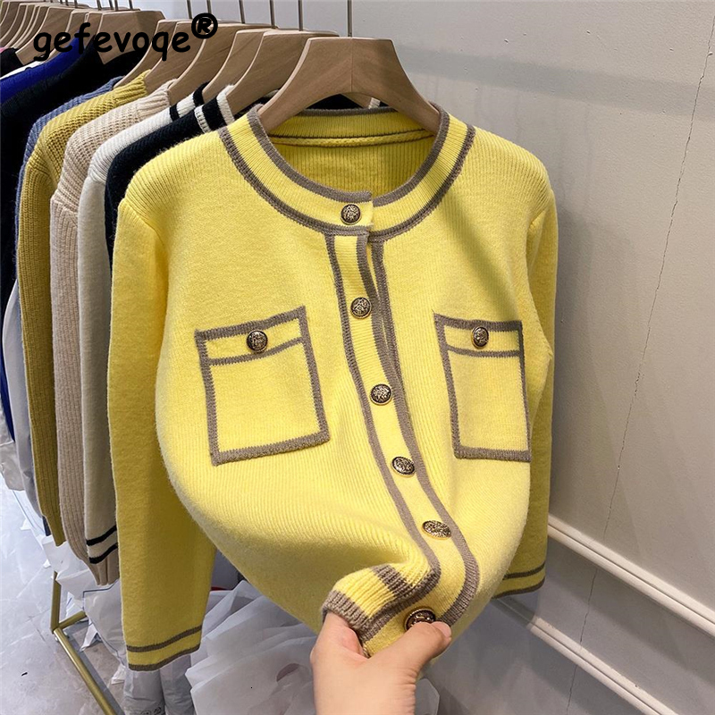 Korean elegant and chic contrasting long sleeved pocket button knit designer women s cardigan spring and autumn loose women s sweater jacket